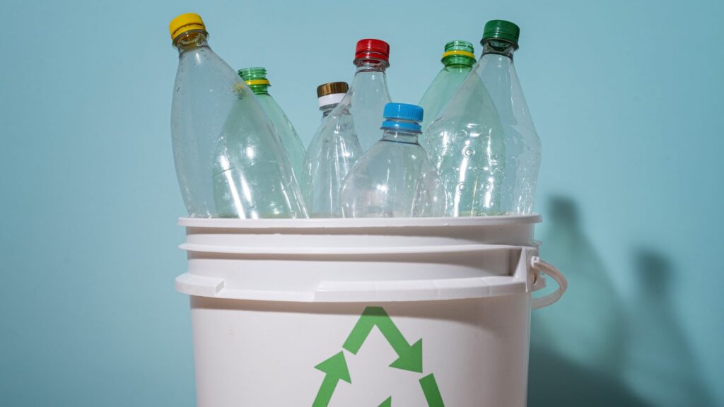 Plastikowe butelki w pojemniku do recyklingu